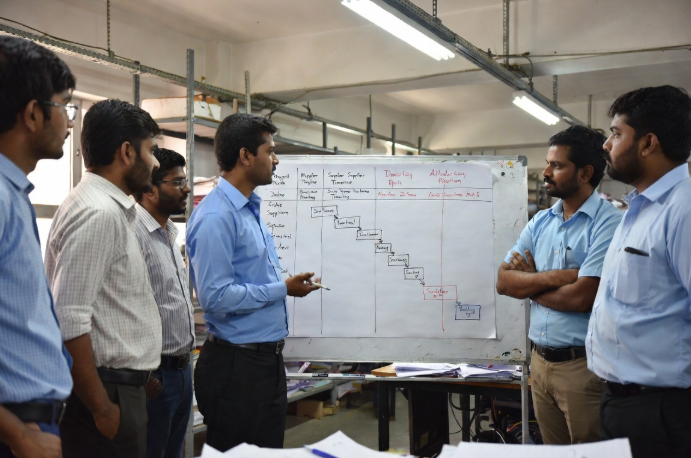 Production team discussing contingency plans and alternative timelines on whiteboard for reducing risks and production delays in fashion manufacturing