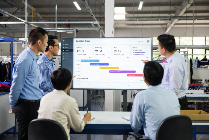 Team using digital dashboard to monitor garment production milestones and catch potential delays early in apparel manufacturing process