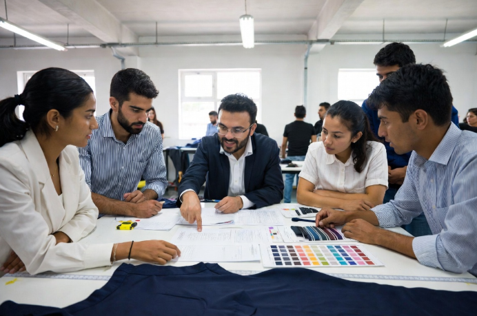 Apparel production team examining tech packs, fabric swatches, and lab dips together to lock specifications early and prevent delays in fashion manufacturing