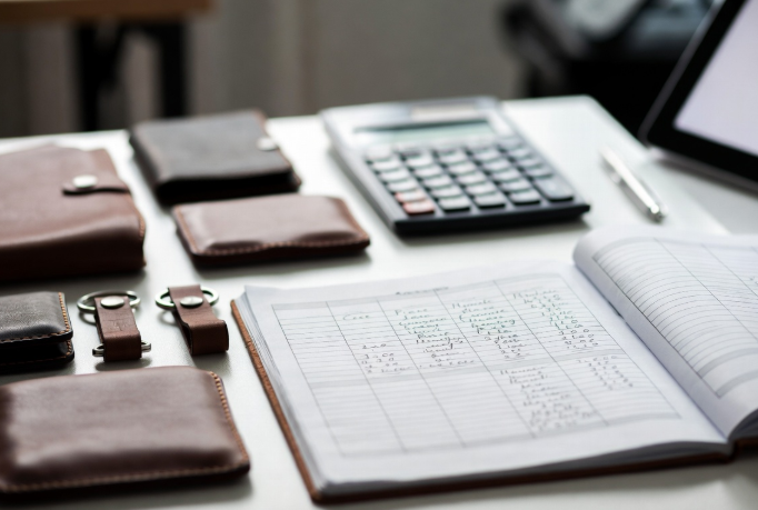 Business planning setup with cost spreadsheet, calculator, and small leather goods like wallets for landed cost and retail pricing decisions