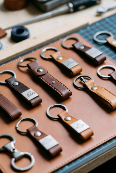 Assortment of finished leather key fobs and rings with metal hardware demonstrating material and production choices for key fob production cost
