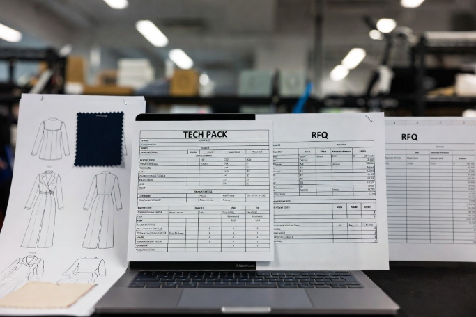 Laptop displaying detailed clothing tech pack and RFQ alongside garment sketches and fabric swatches on a sourcing desk, essential preparation for negotiating with clothing factories